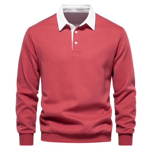 Roter Herrenpullover mit weißem Kragen, Langarm, klassisches Design, ideal für Freizeitmode und elegante Anlässe. Hochwertige Baumwollmischung.