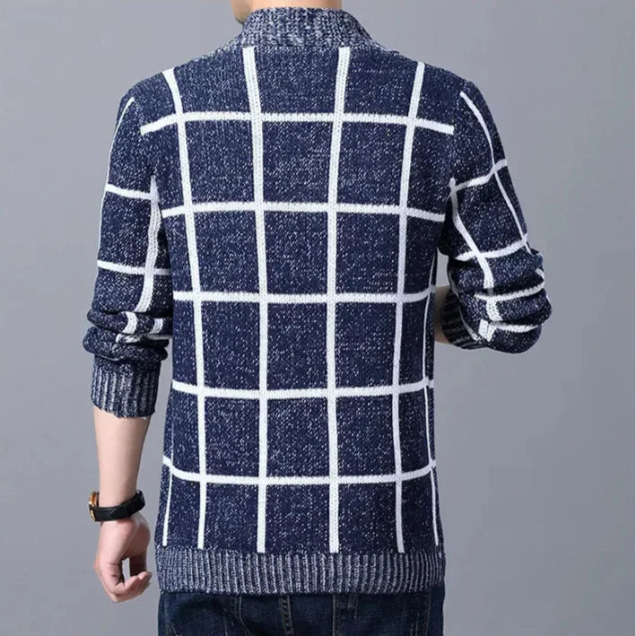 Herren Strick-Cardigan mit Karomuster, Knopfleiste und Gerippten Abschlüssen