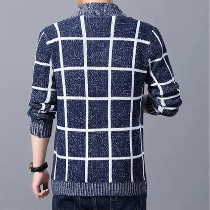 Herren Strick-Cardigan mit Karomuster, Knopfleiste und Gerippten Abschlüssen