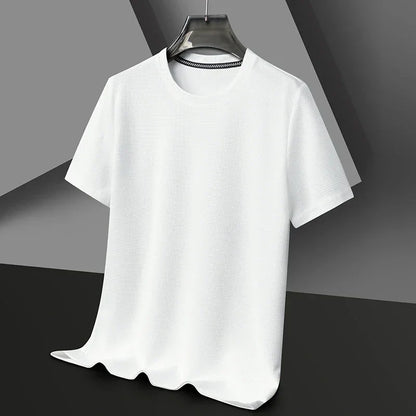 Men's shirt with round neck, waffle texture, and mesh fabric