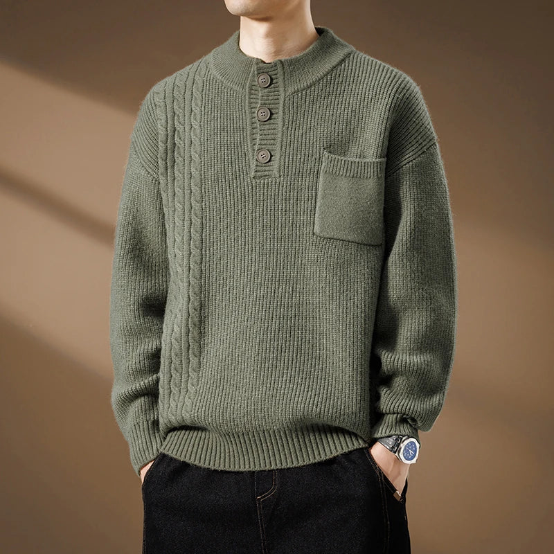Men's knitted sweater with Henley collar, cable pattern, and chest pocket