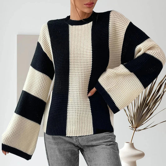 Women's Knit Sweater Crew Neck Dropped Shoulders Wide Sleeves Loose Fit – Everyday and Layering