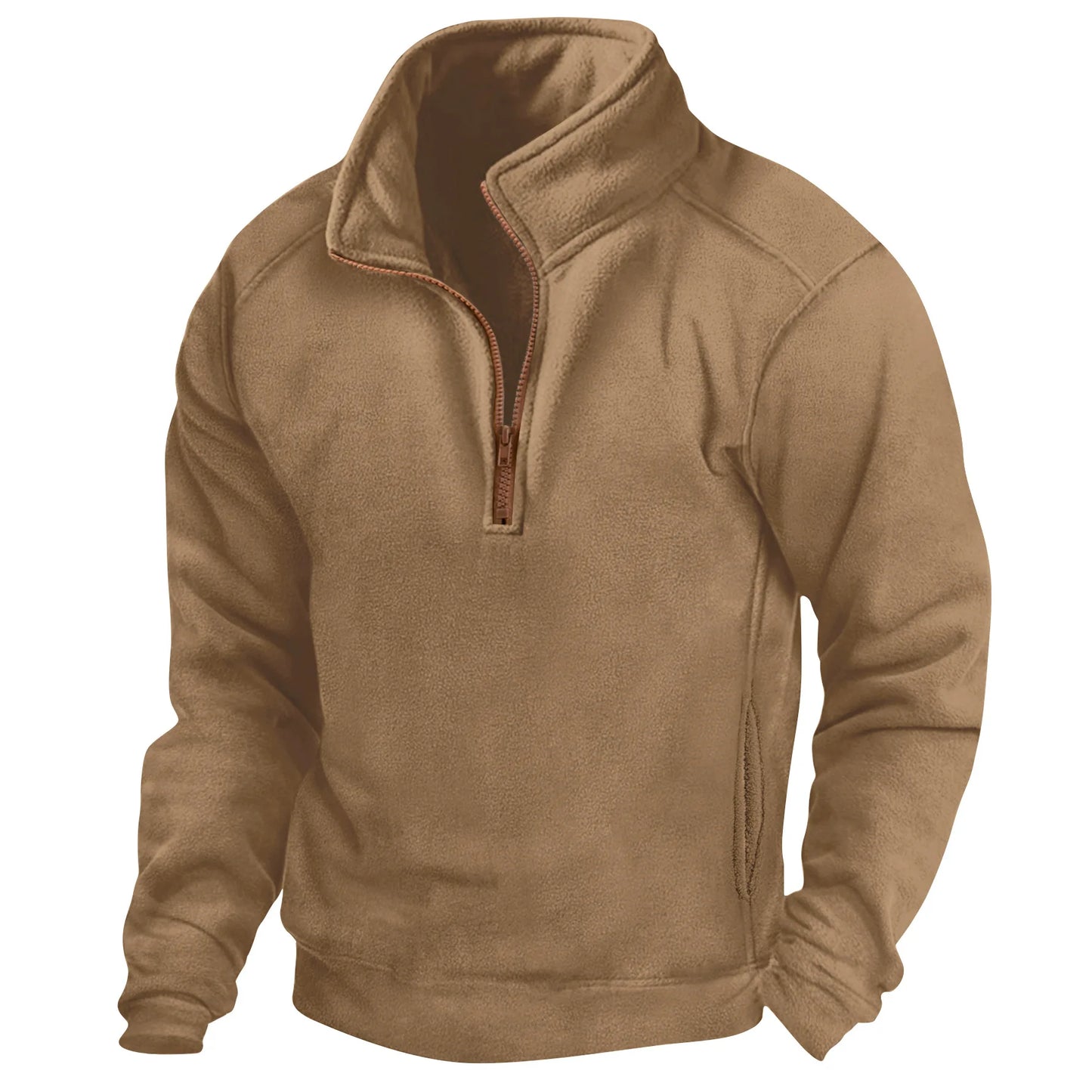 Brauner Fleece-Pullover mit Reißverschluss, warm und bequem, ideal für Outdoor-Aktivitäten. Perfekt für Herbst- und Wintermode.