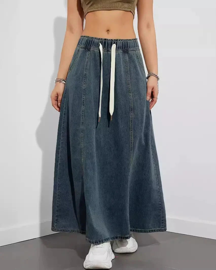 Women's Maxi Skirt Jeans Style Elastic Waistband Drawstring