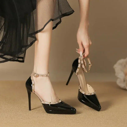 Women's Lace Stiletto Pumps with Double Straps and Studs