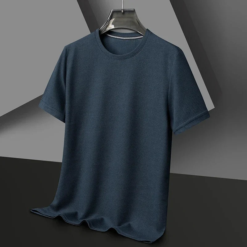 Men's shirt with round neck, waffle texture, and mesh fabric