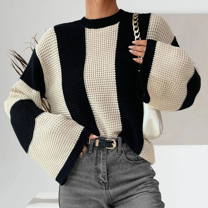 Women's Knit Sweater Crew Neck Dropped Shoulders Wide Sleeves Loose Fit – Everyday and Layering