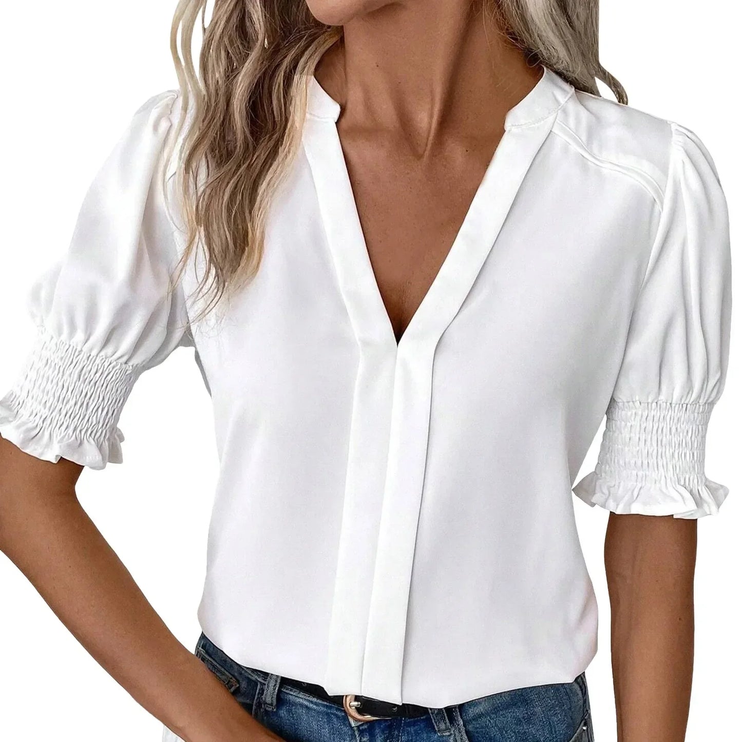 Damen Chiffonbluse mit V-Ausschnitt und Puffärmeln