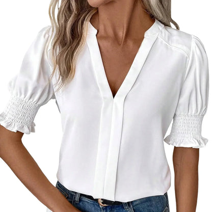 Damen Chiffonbluse mit V-Ausschnitt und Puffärmeln