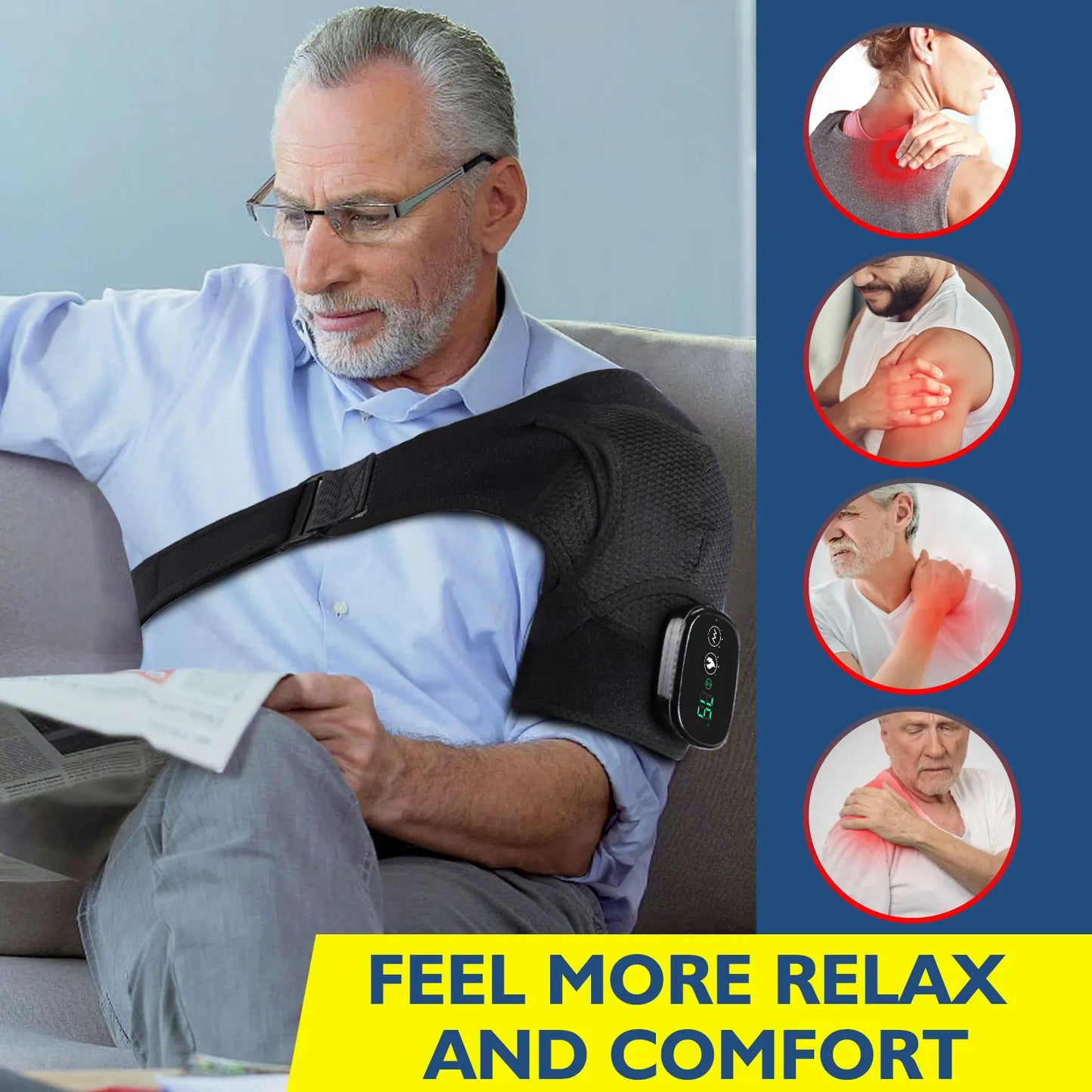 Älterer Mann mit Schultermassagegerät, liest Zeitung. Schmerztherapie, Entspannung, Komfort. Elektronisches Massagegerät für Schulterschmerzen.