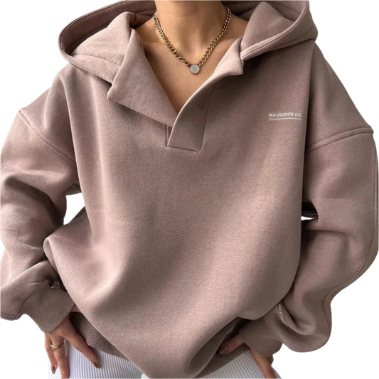 Damen Kapuzenpullover in Beige, lässiger Oversize-Stil, weiches Material, modisches Design, ideal für Herbstmode, Freizeitkleidung, Streetwear.