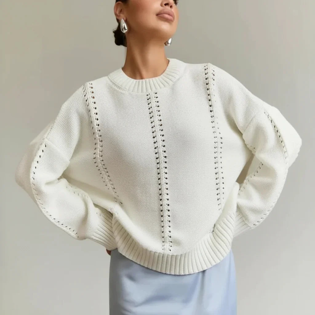 Women's Oversized Knit Sweater with Openwork Pattern, Crew Neck, Long Sleeves