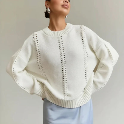 Women's Oversized Knit Sweater with Openwork Pattern, Crew Neck, Long Sleeves