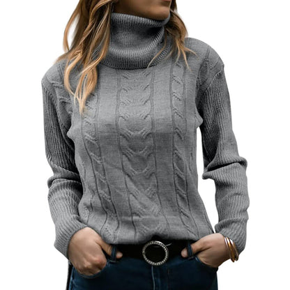 Grauer Rollkragenpullover Damen, Zopfmuster, lässig, warm, Herbstmode, Langarm, weiches Material, stilvoll, bequem, ideal für kühle Tage.