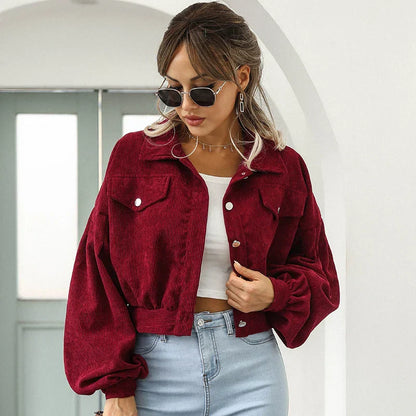 Women's Short Cord Jacket with Lantern Sleeves