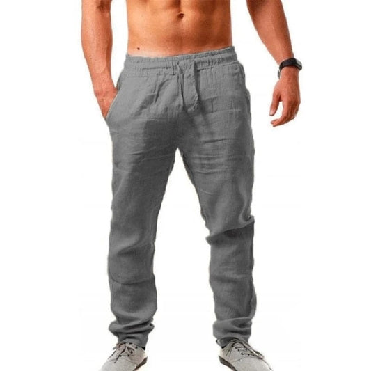 Graue Leinenhose für Herren, lässig und bequem, mit elastischem Bund und Taschen. Perfekt für Freizeit und Sommermode.