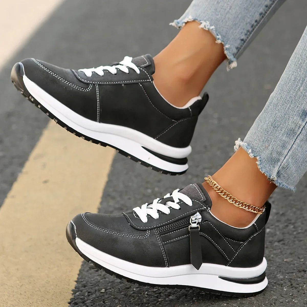 Damen Sneakers mit Plateau, Schnürung, seitlichem Reißverschluss und orthopädischer Sohle