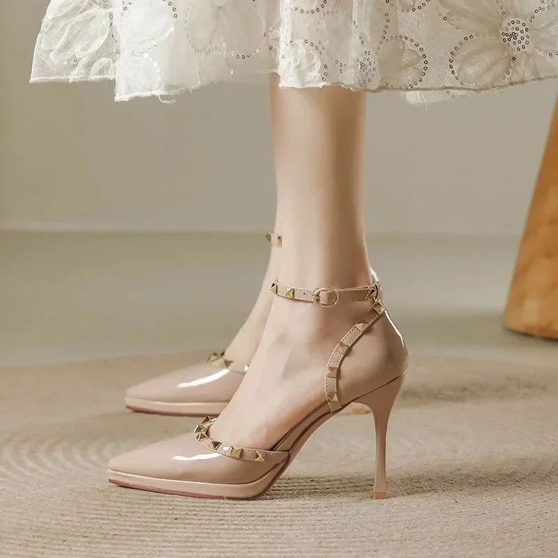 Women's Lace Stiletto Pumps with Double Straps and Studs