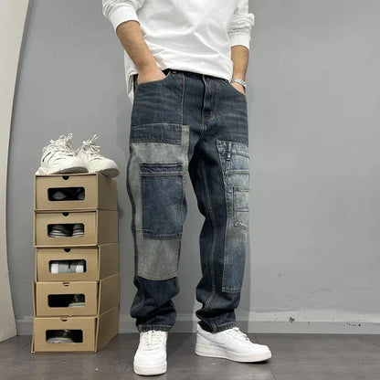 Herren Patchwork-Jeans mit Cargotaschen und konischem Schnitt