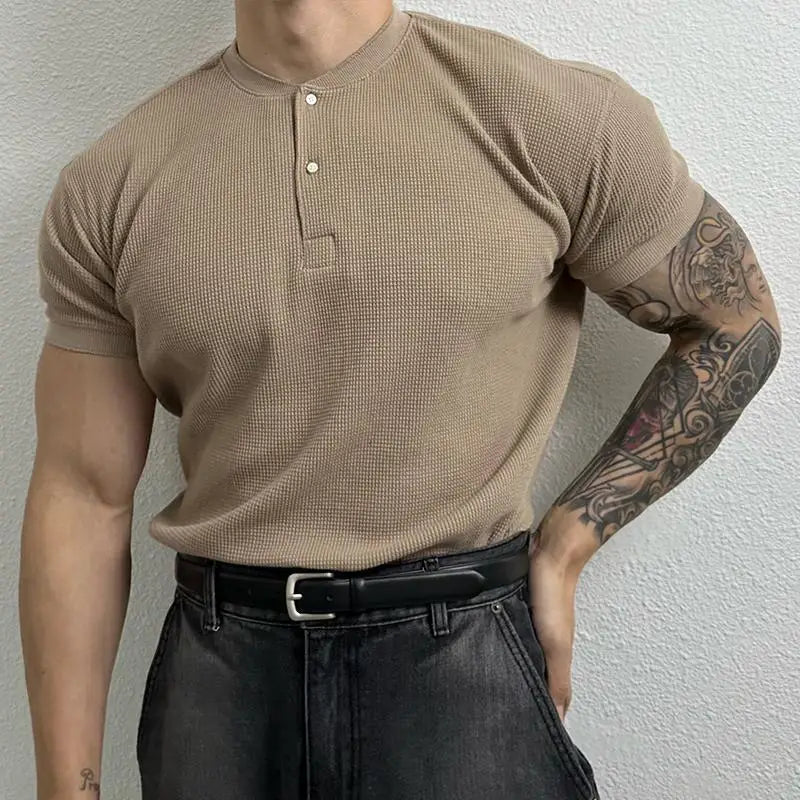 Herren Waffel Henley Shirt mit Stehkragen – Taillierte Passform