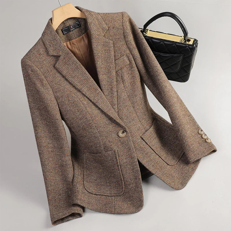 Damen Herbstblazer mit Fischgrätmuster und Klapptaschen