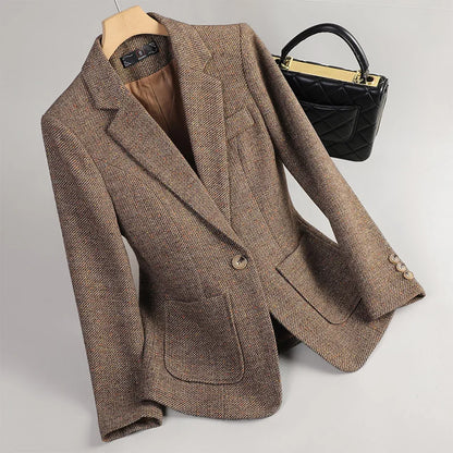 Damen Herbstblazer mit Fischgrätmuster und Klapptaschen