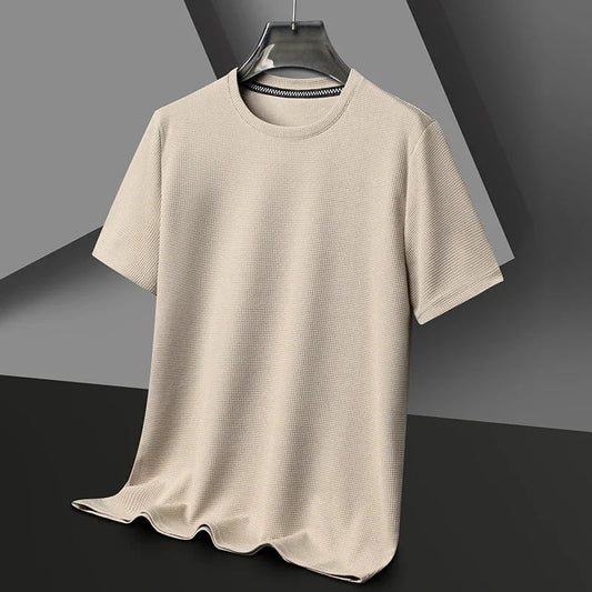 Men's shirt with round neck, waffle texture, and mesh fabric