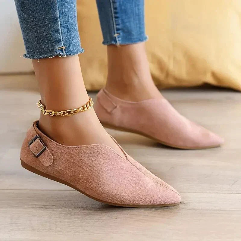 Women's Pointed Ballerinas with Buckle Accent and Slip-On