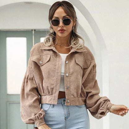 Women's Short Cord Jacket with Lantern Sleeves