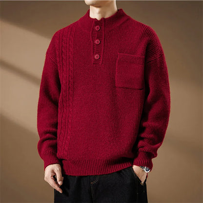 Men's knitted sweater with Henley collar, cable pattern, and chest pocket