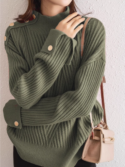Women's Oversized Ribbed Sweater with High Collar and Button Detail