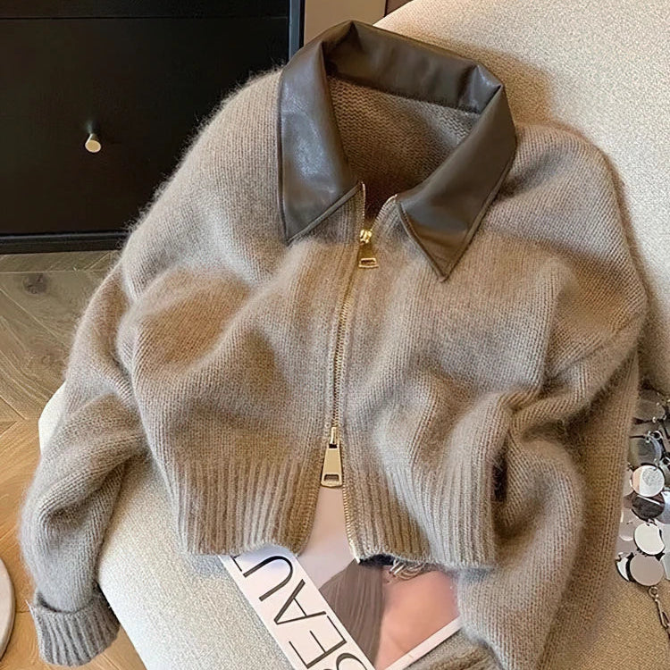 Damen Herbst-Cardigan Kurzgeschnitten mit Kontrastkragen und Frontzipper