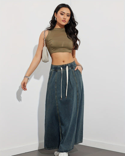 Women's Maxi Skirt Jeans Style Elastic Waistband Drawstring