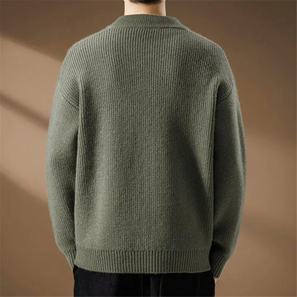 Men's knitted sweater with Henley collar, cable pattern, and chest pocket