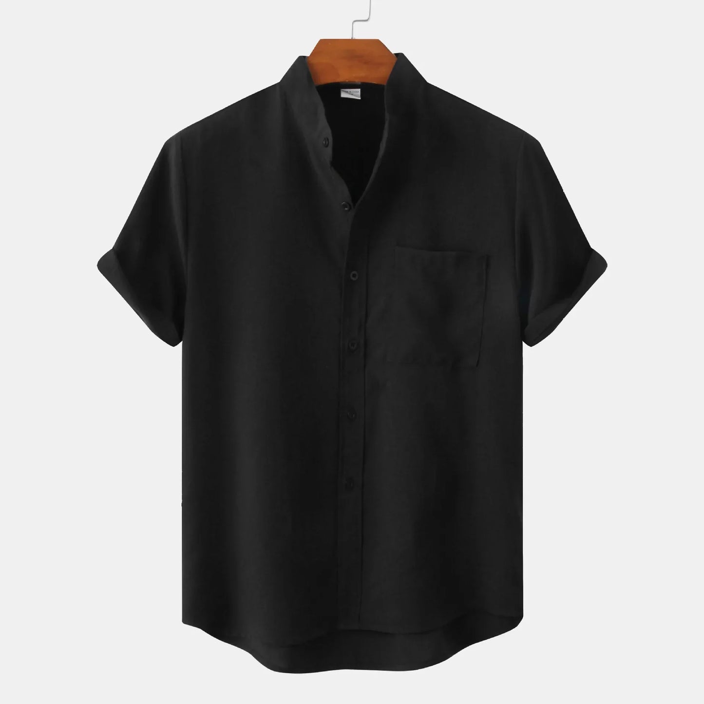 Men's summer shirt made of linen blend, short-sleeved, collarless, button placket