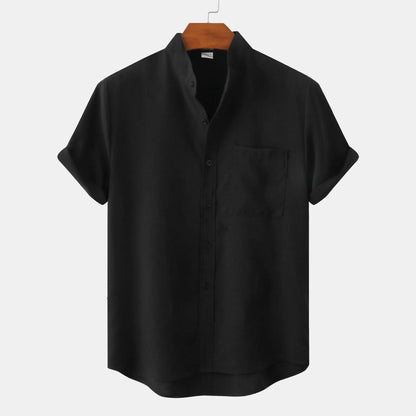 Men's summer shirt made of linen blend, short-sleeved, collarless, button placket