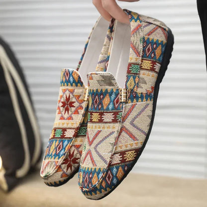 Herren Leinwand-Slipper mit Aztekenmuster und Gummisohle