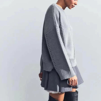 Women's Oversized Knit Sweater with Openwork Pattern, Crew Neck, Long Sleeves