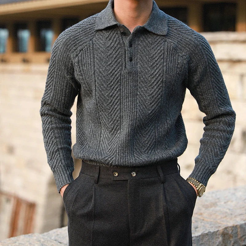 Men's Autumn Knit Sweater with Textured Collar Look
