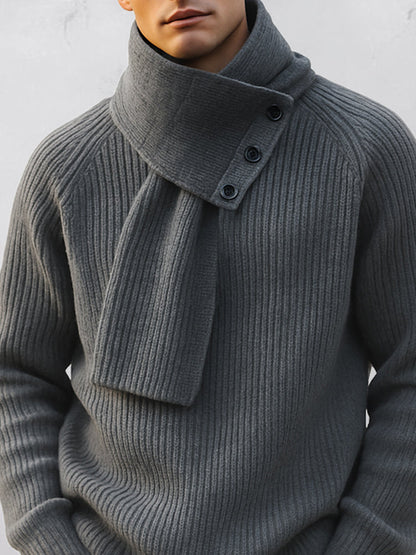 Men's sweater and detachable scarf set, round neckline, raglan sleeves