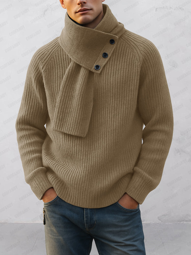 Men's sweater and detachable scarf set, round neckline, raglan sleeves