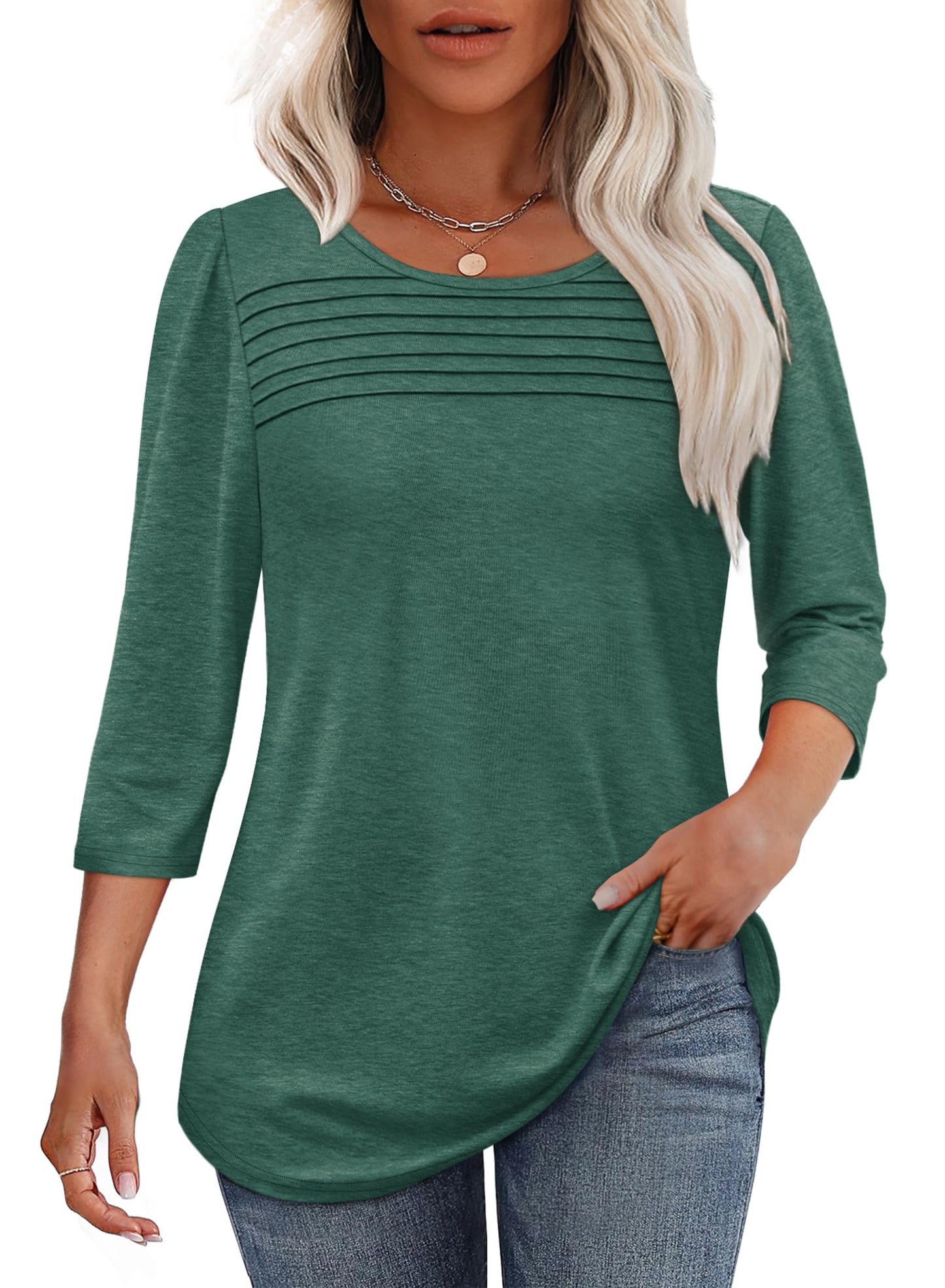 Women's three-quarter sleeve blouse with pleated front, round neckline, and rounded hem