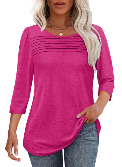 Women's three-quarter sleeve blouse with pleated front, round neckline, and rounded hem