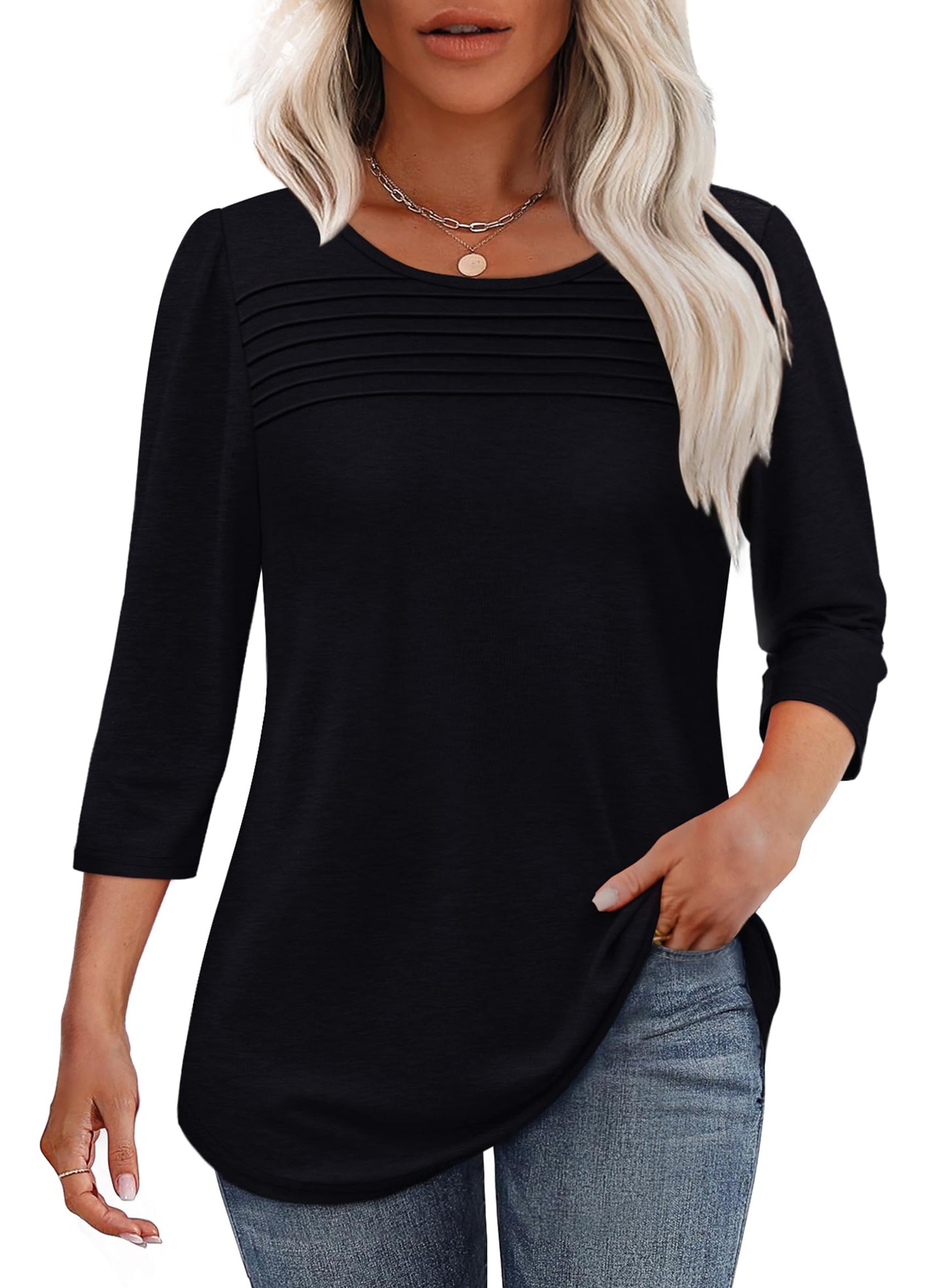 Women's three-quarter sleeve blouse with pleated front, round neckline, and rounded hem