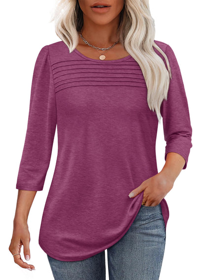 Women's three-quarter sleeve blouse with pleated front, round neckline, and rounded hem