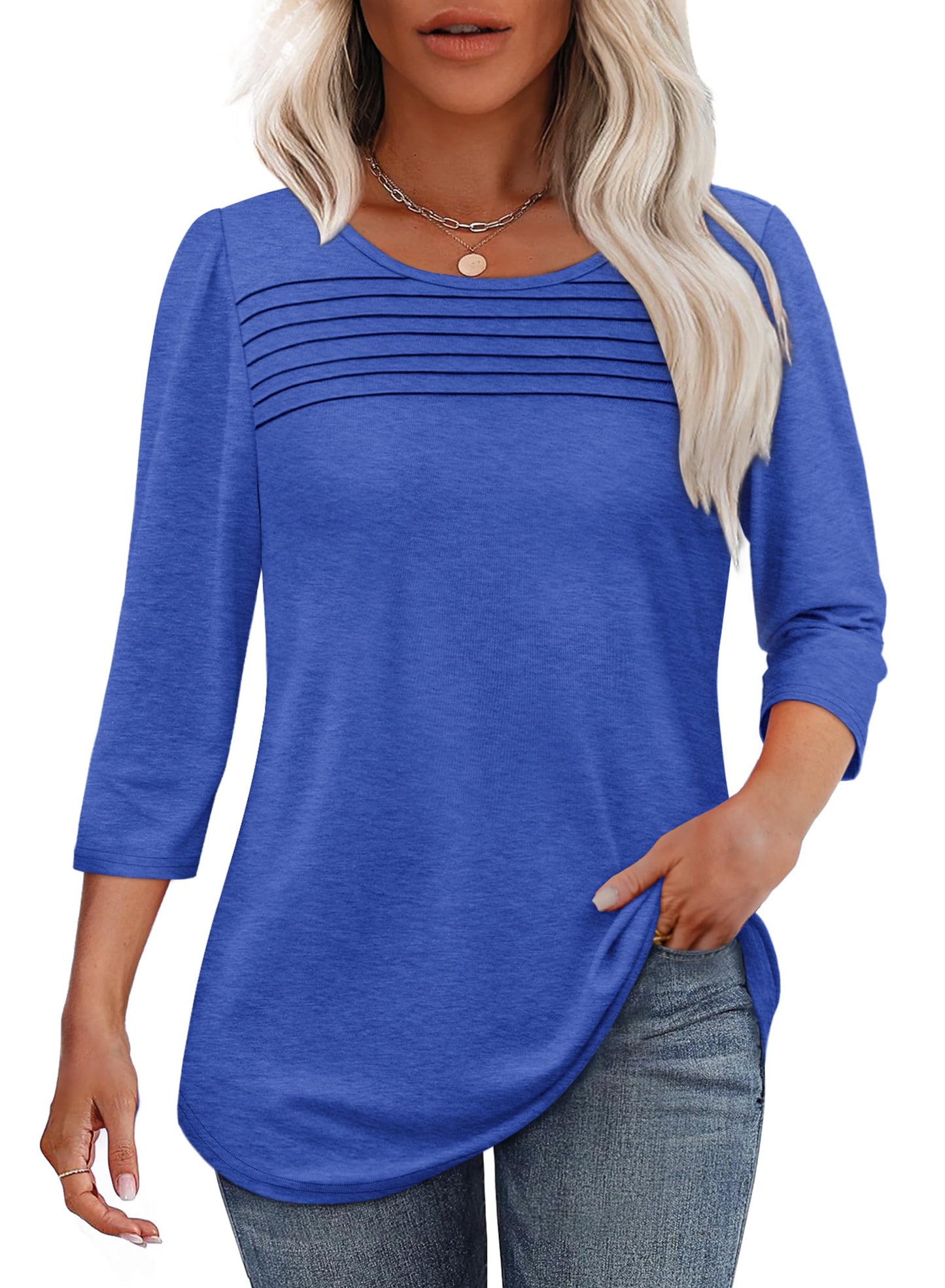 Women's three-quarter sleeve blouse with pleated front, round neckline, and rounded hem