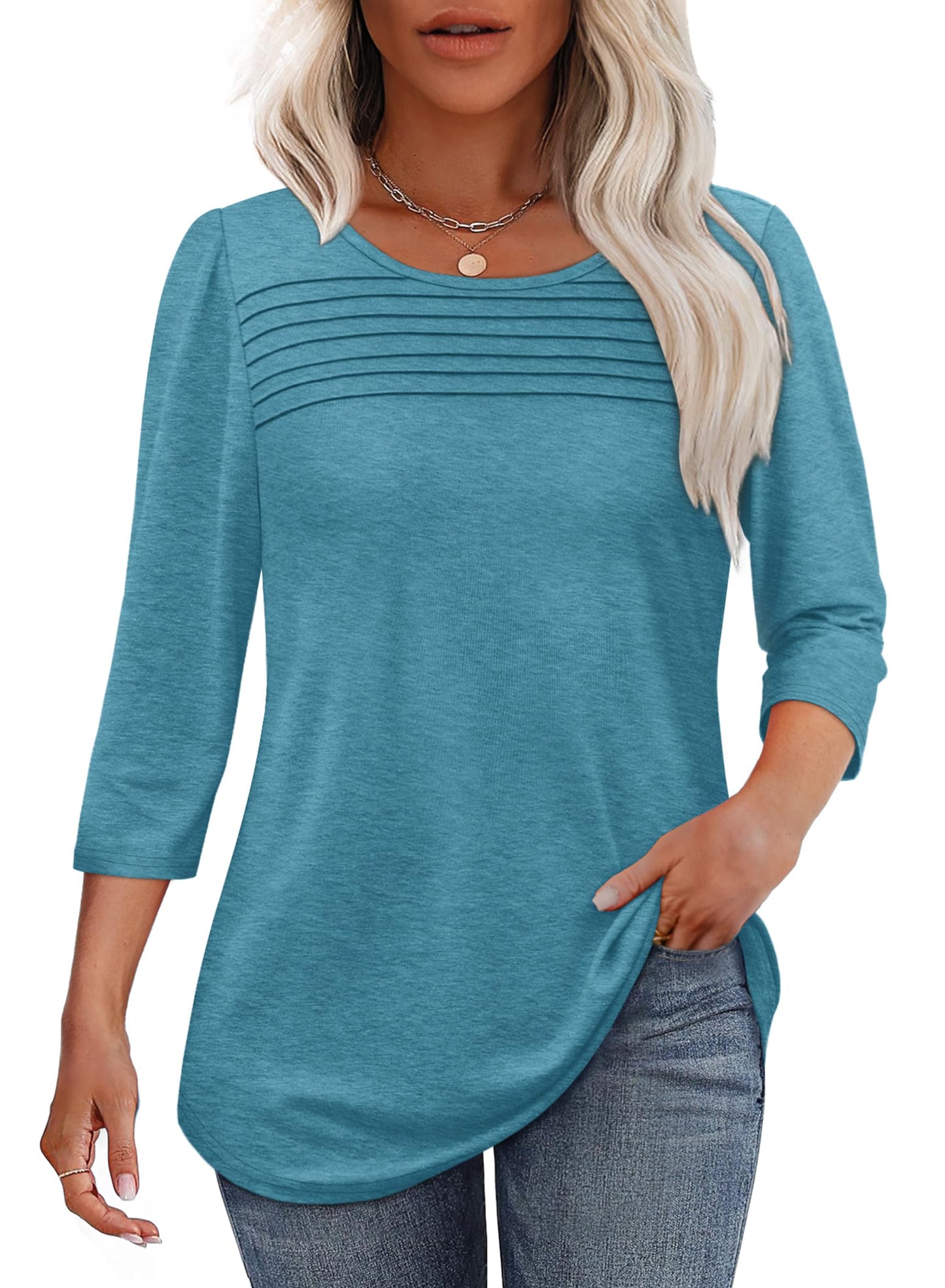 Women's three-quarter sleeve blouse with pleated front, round neckline, and rounded hem