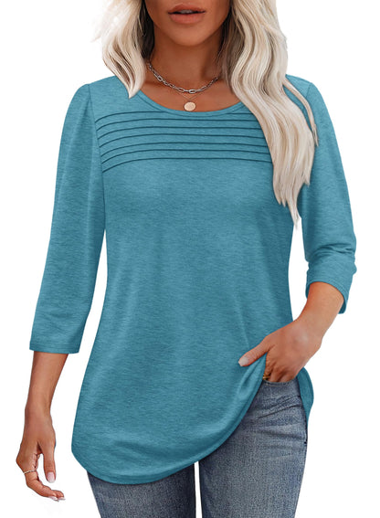 Women's three-quarter sleeve blouse with pleated front, round neckline, and rounded hem