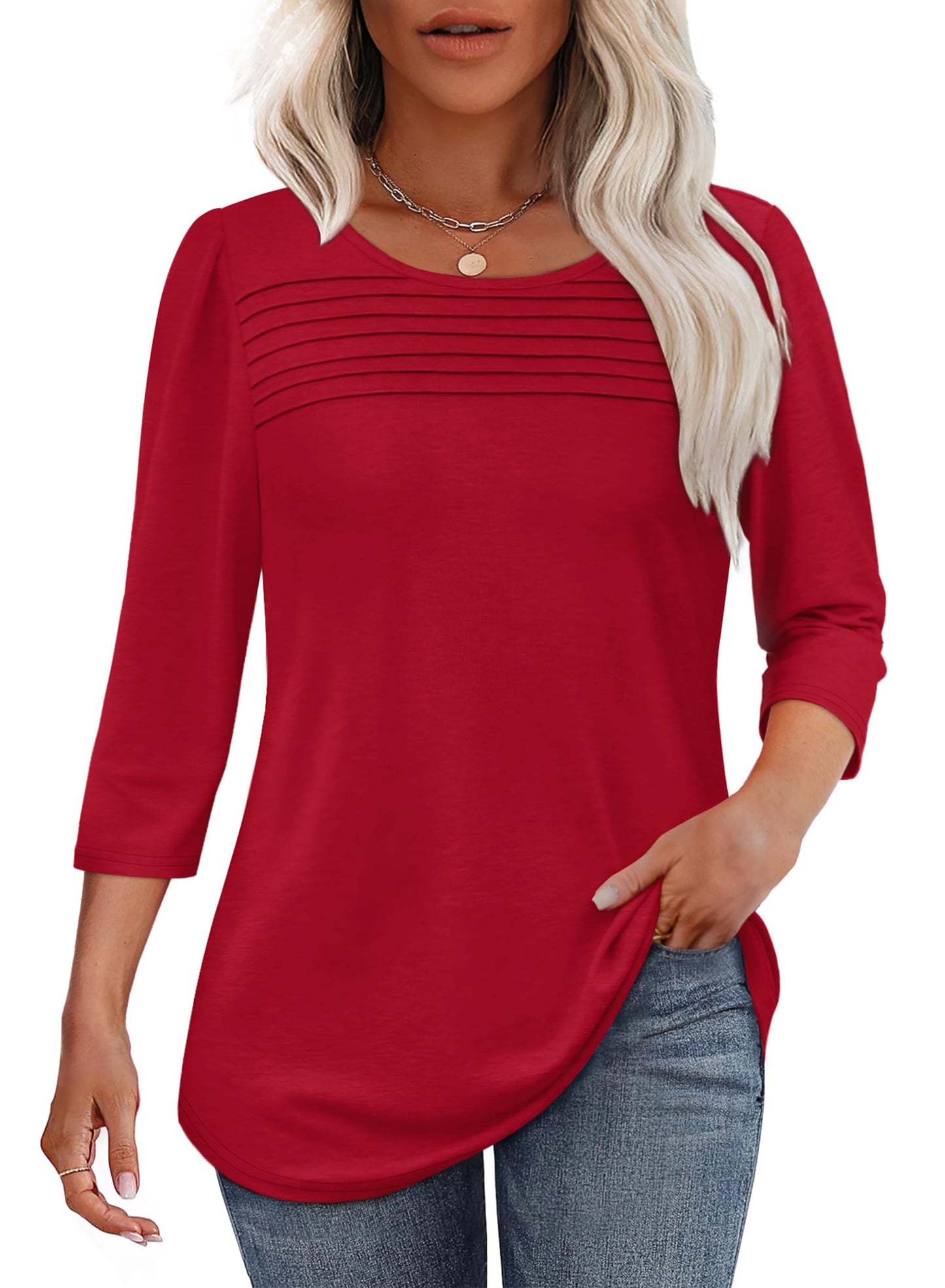 Women's three-quarter sleeve blouse with pleated front, round neckline, and rounded hem
