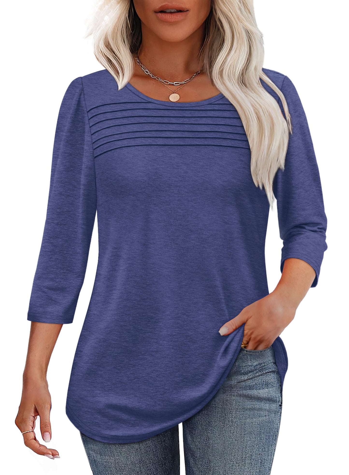 Women's three-quarter sleeve blouse with pleated front, round neckline, and rounded hem